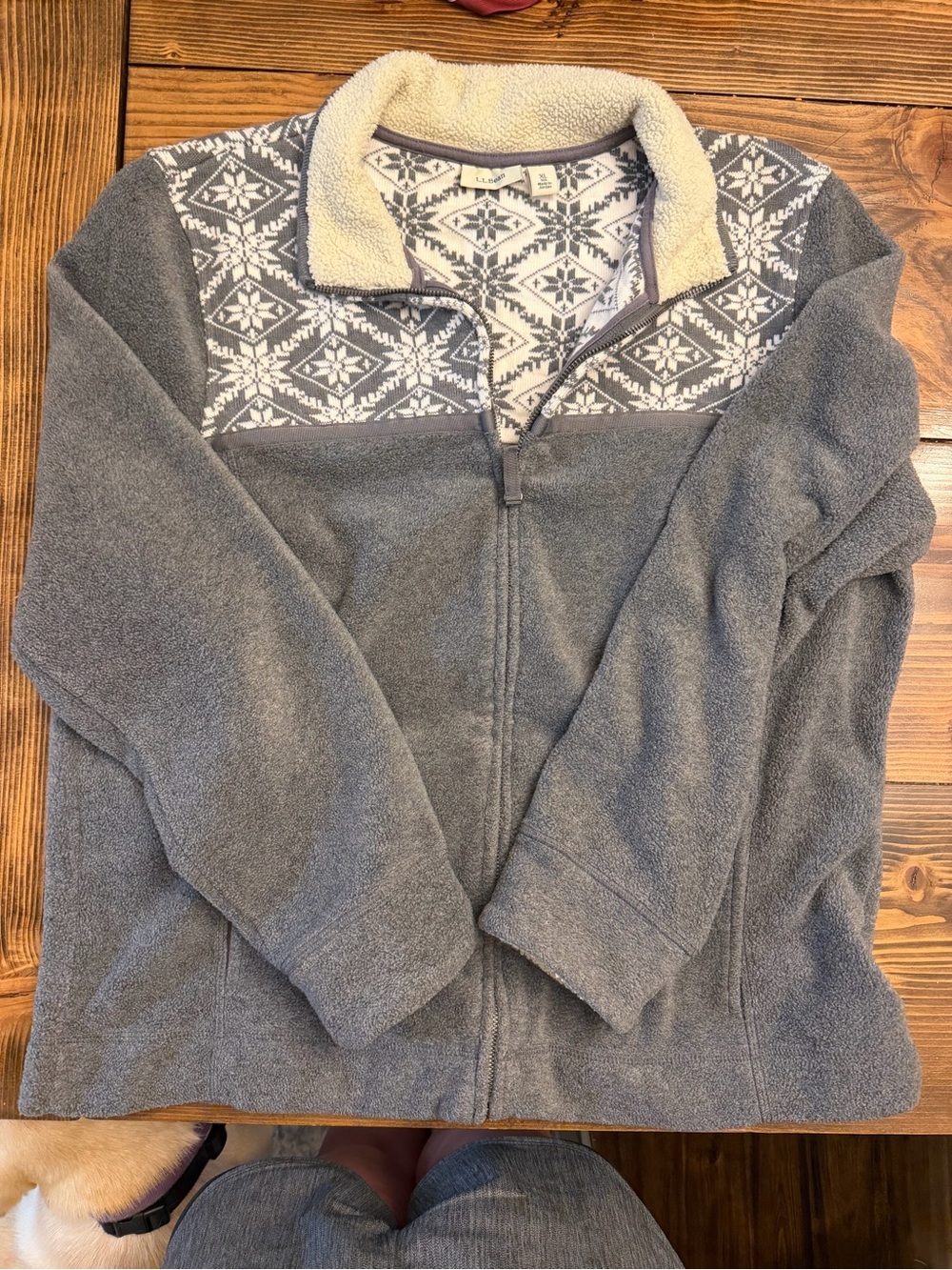 L.L. Bean Gray Fleece Zip-Up Sweater with Cream Sherpa Collar and Nordic Yoke